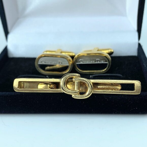 Christian Dior set two tone cufflink tie clip authentic GS123 - Picture 1 of 7